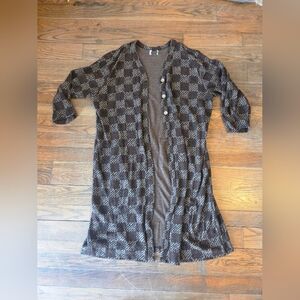 Checkerboard Knit Duster Cardigan - Brown & Gray